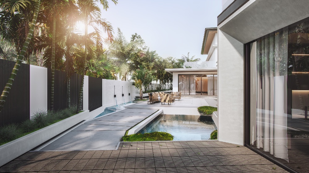 ánh nắng tỏa ra sân vườn biệt thự