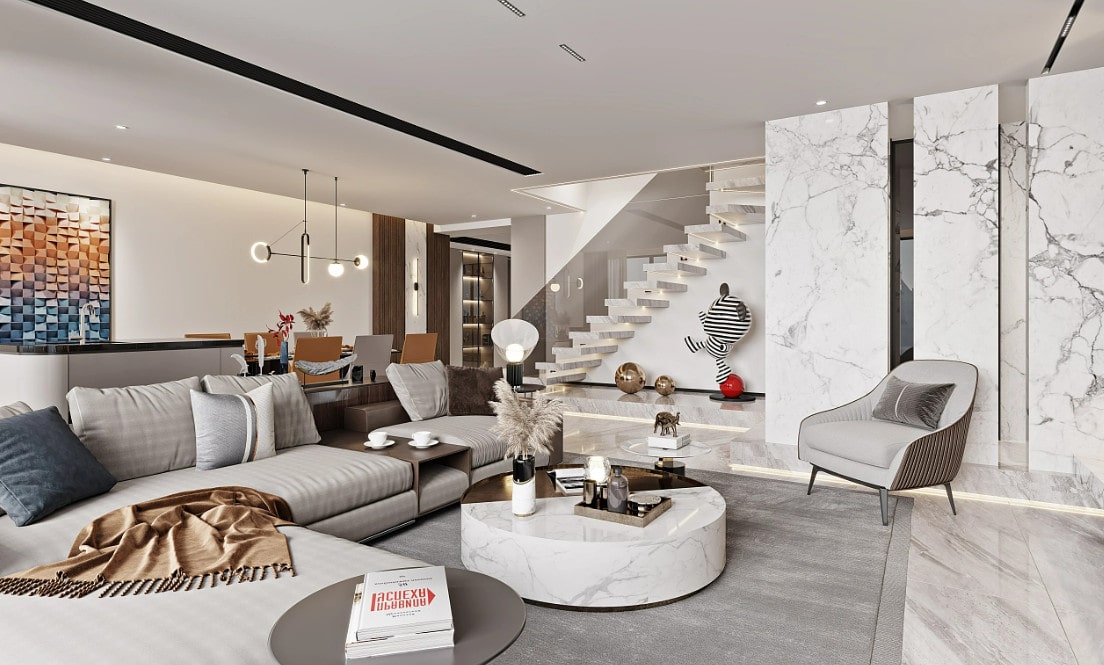 Nội thất phòng khách có cầu thang