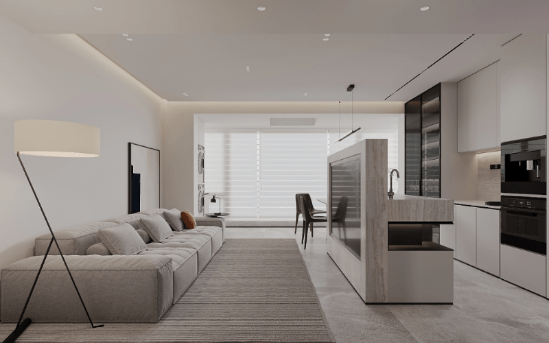 Nội thất chung cư phòng khách thông với bếp