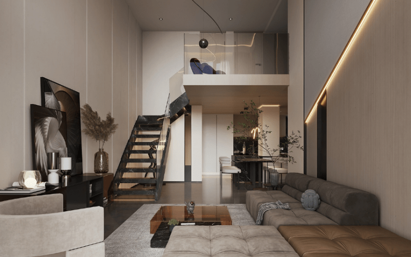 Thiết kế phòng khách cạnh cầu thang
