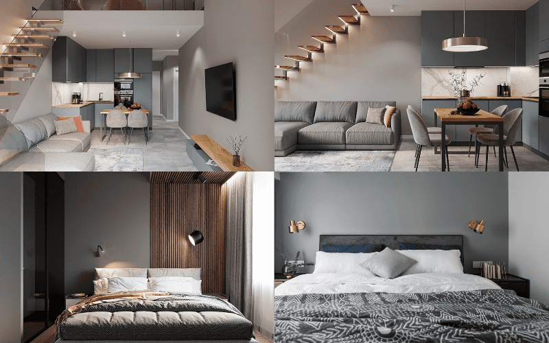 Nội thất nhà cấp 4 có gác lửng và 2 phòng ngủ