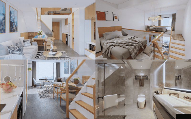 mẫu nhà gác lửng có 2 phòng ngủ đẹp