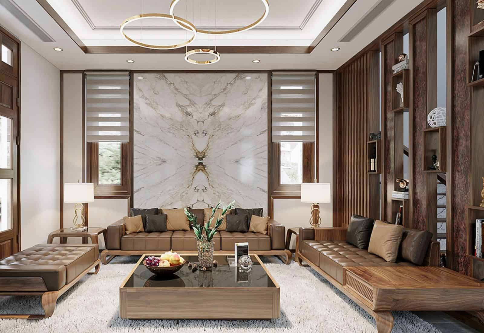 gỗ phủ veneer Gỗ phủ Veneer tạo không gian sang trọng, ấm cúng cho phòng khách
