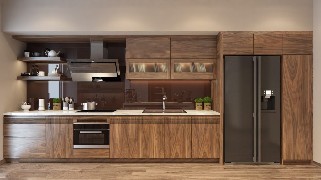 gỗ phủ veneer Bếp gỗ phủ veneer tạo không gian bếp sang trọng, ấm cúng