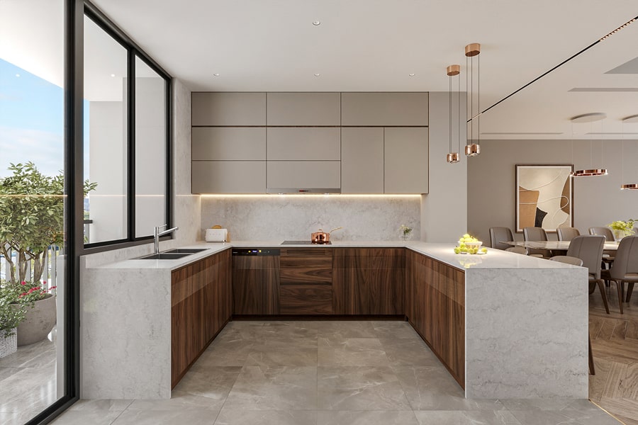 gỗ phủ veneer Sử dụng gỗ veneer phù hợp với nhiều thiết kế bếp