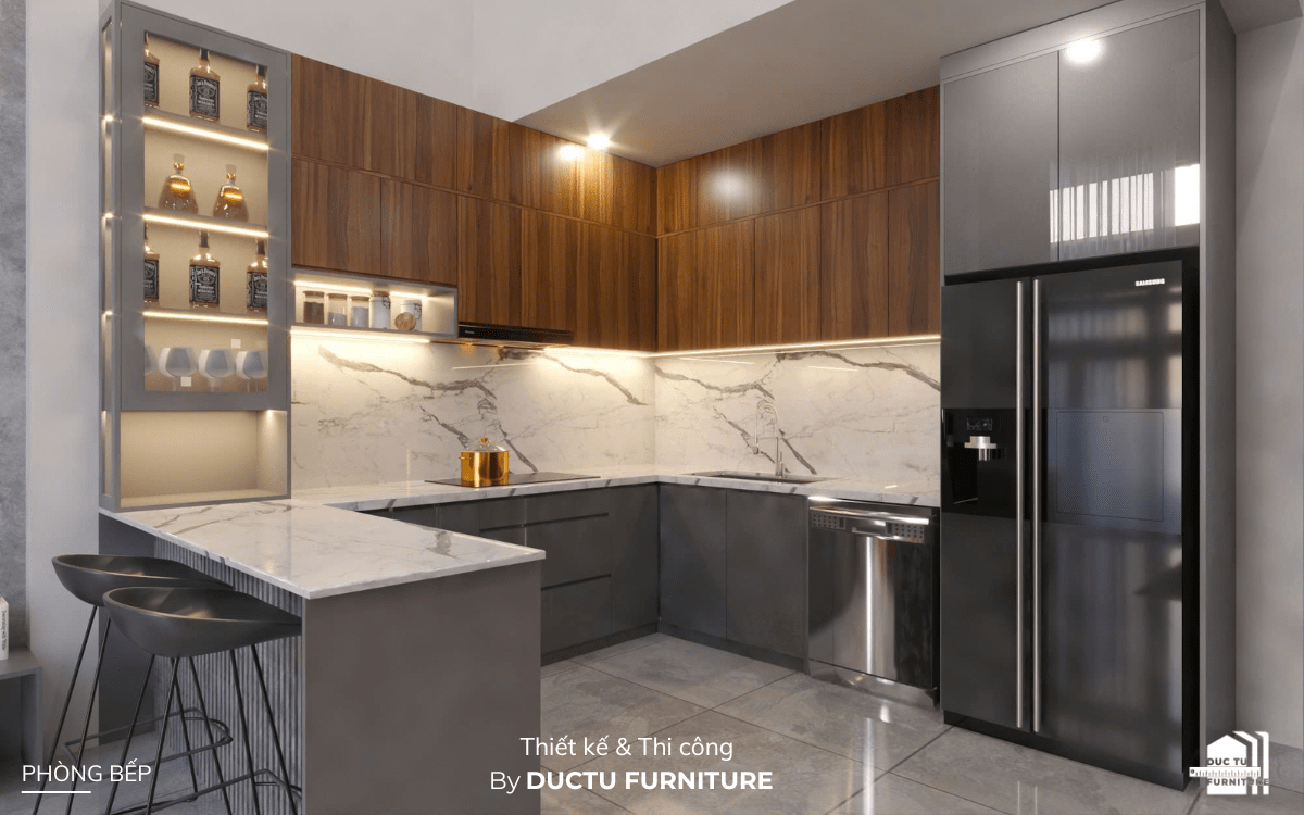 dự án nội thất nhà phố ms Hạnh Sự kết hợp giữa nhiều bề mặt chất liệu giúp căn bếp có tính thẩm mỹ cao