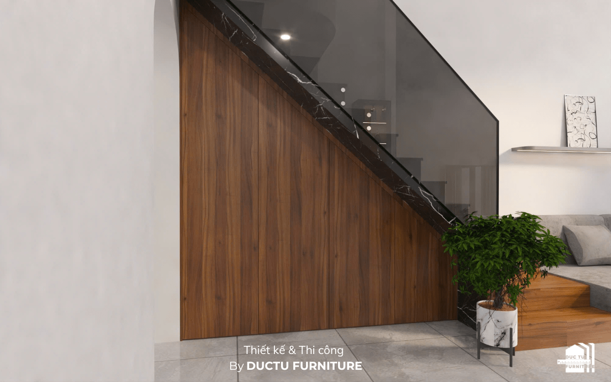 dự án nội thất nhà phố Ms Hạnh Khu vực dưới cầu thang được thiết kế thành kho chứa đồ đầy tinh tế