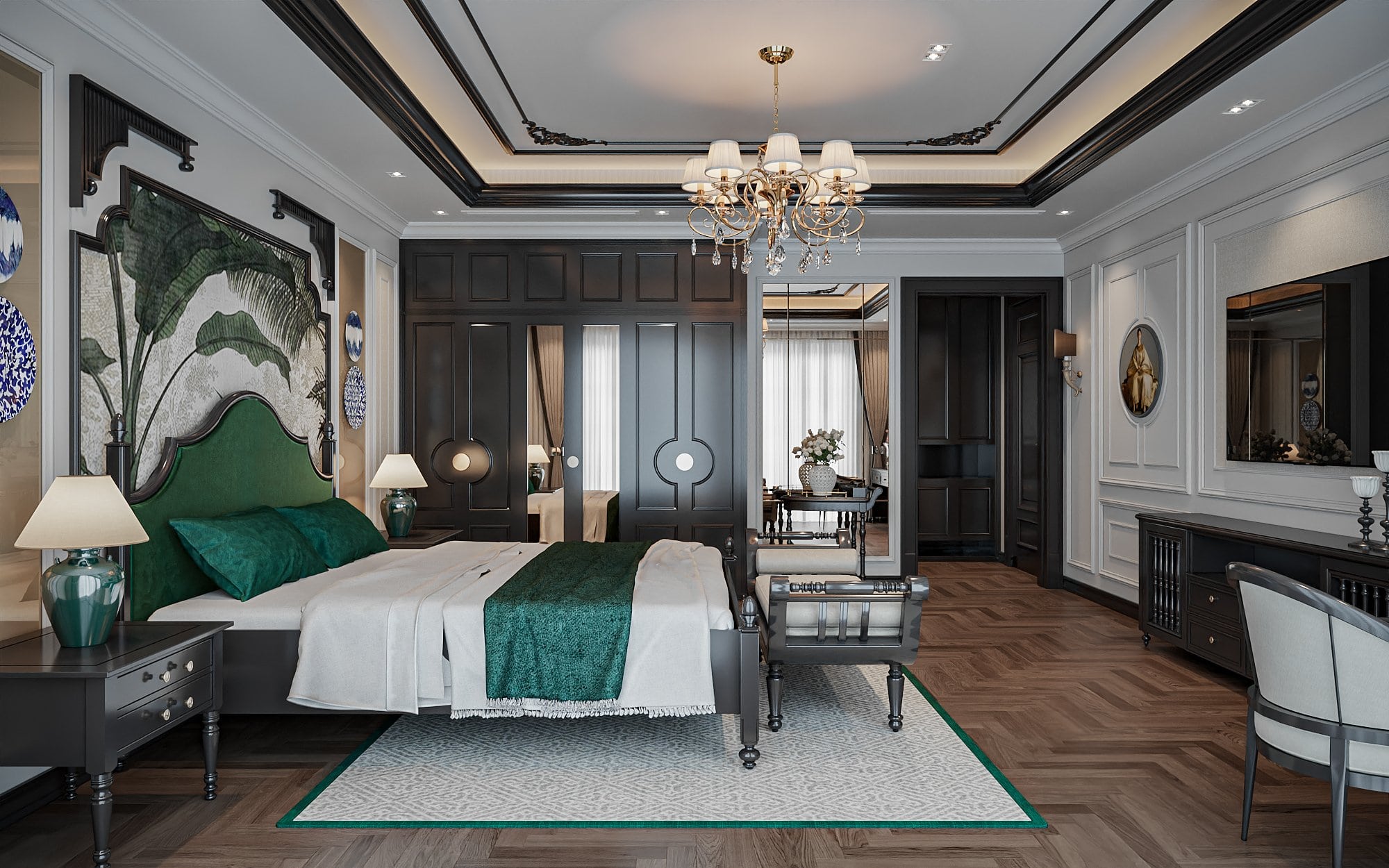 phòng ngủ phong cách indochine Những món đồ trang trí từ gỗ tự nhiên hoặc đan lát từ mây, tre, nứa,... sẽ được ưu tiên sử dụng.