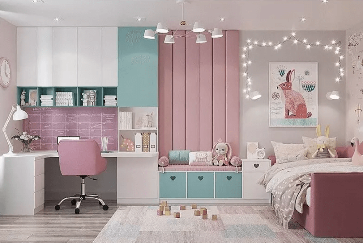 phòng ngủ màu pastel Kết hợp giữa màu hồng và màu xanh mint giúp mang lại vẻ đẹp ấn tượng cho không gian
