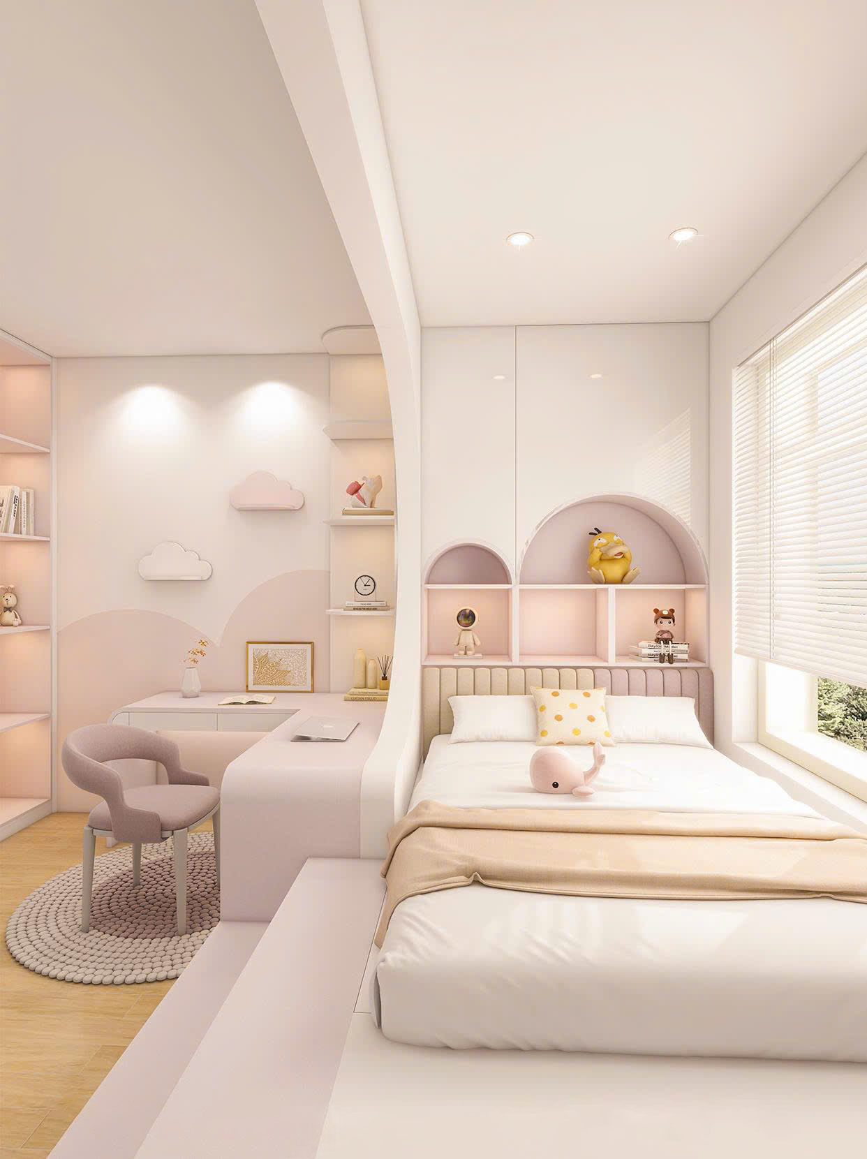 phòng ngủ màu pastel Lựa chọn các thiết kế bo cong giúp tăng vẻ đẹp nhẹ nhàng cho phòng ngủ