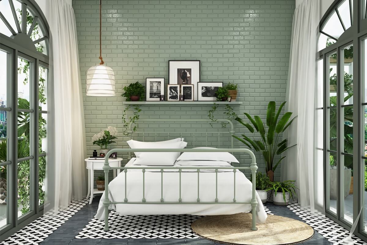 phòng ngủ màu pastel Phòng ngủ màu Pastel trang trí bằng cây xanh giúp mang năng lượng tích cực cho gia chủ