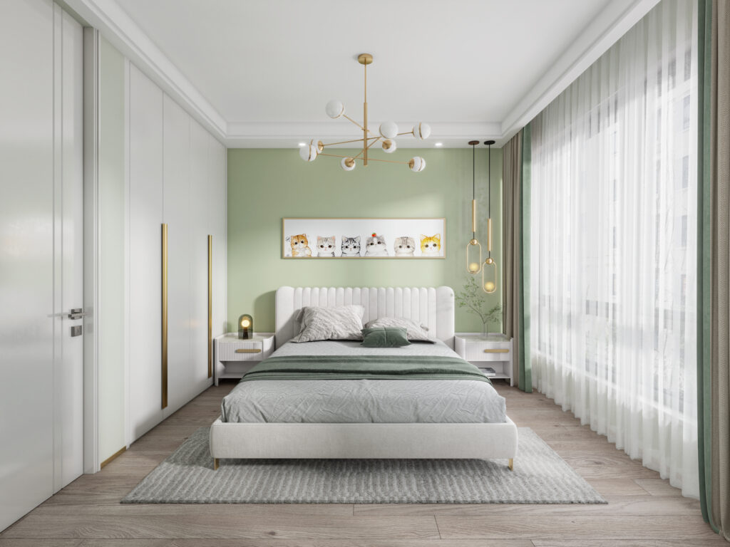phòng ngủ màu pastel Mẫu phòng ngủ tone màu xanh mint sinh động