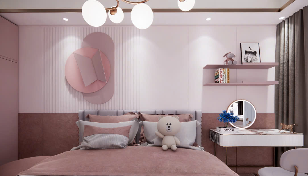 thiết kế nội thất màu hồng cho bé gái