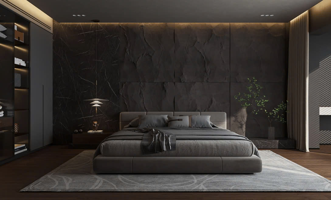 phòng ngủ tone xám trắng