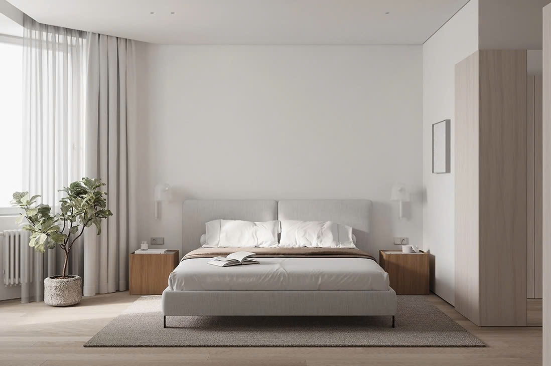 phòng ngủ tone xám trắng