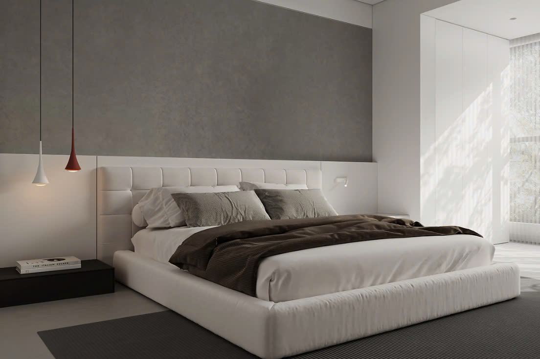 phòng ngủ tone xám trắng