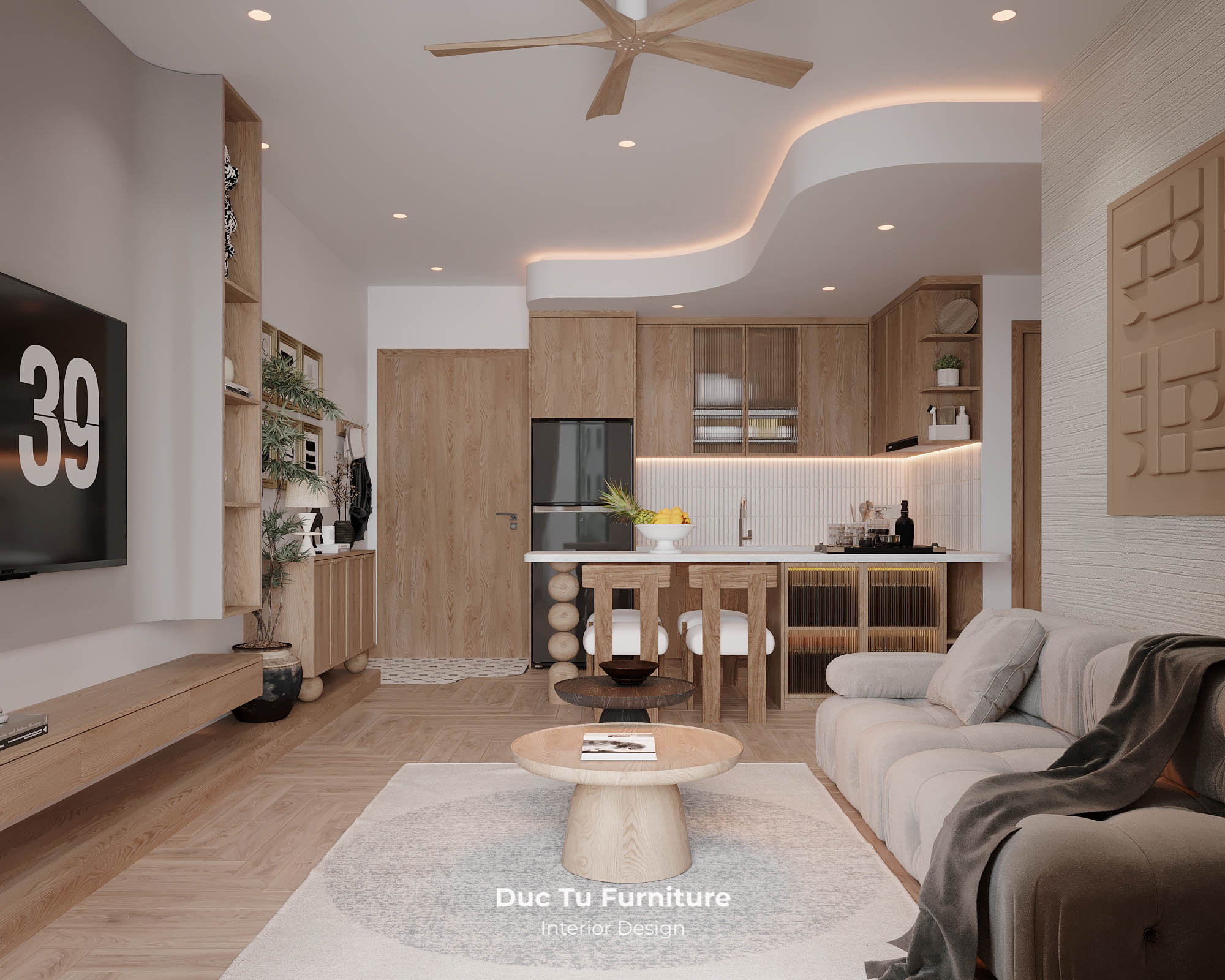 căn hộ 1 phòng ngủ Panoma Thiết kế phòng khách liền kề bếp đầy tinh tế