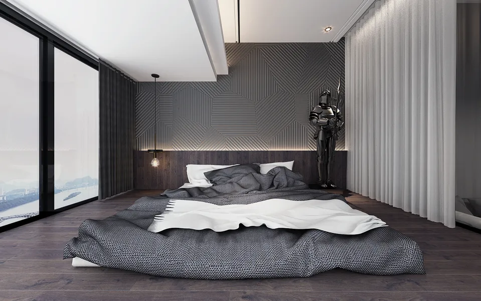 phòng ngủ nhật tone màu đen trắng